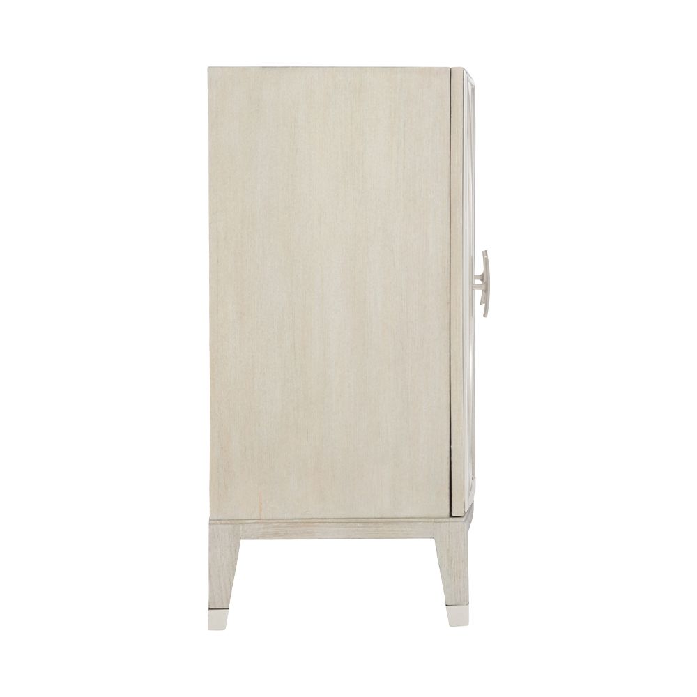 A stylish buffet with four curved silver metal framed overlaid doors and ample internal storage 