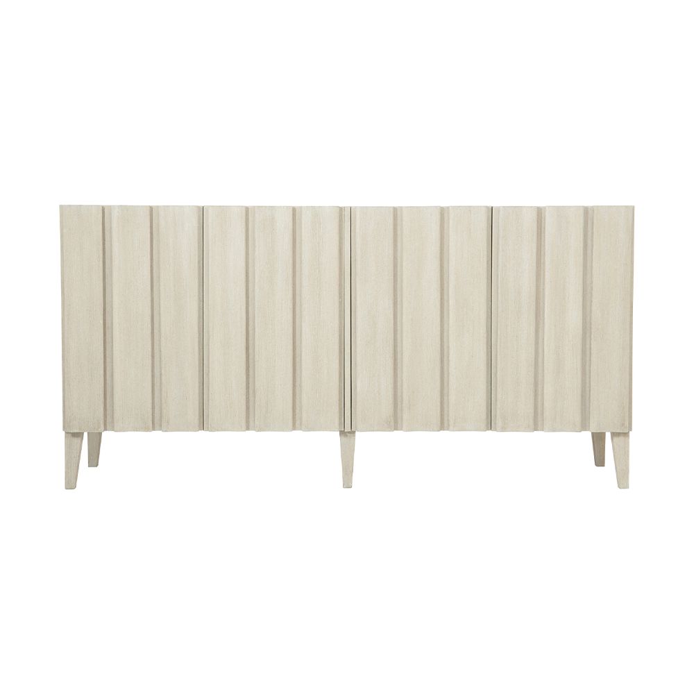 A luxurious four door entertainment unit with a natural finish, stylish shaped vertical overlays and ample internal storage 