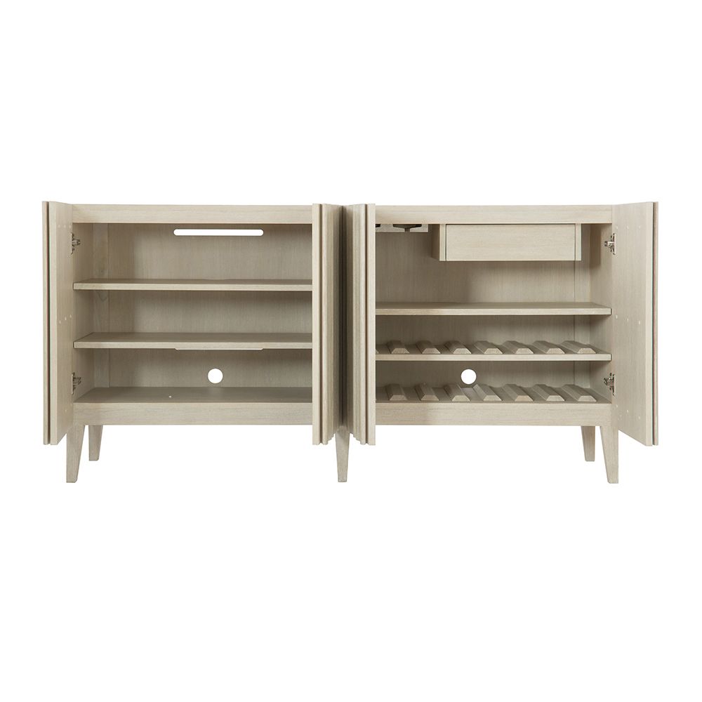 A luxurious four door entertainment unit with a natural finish, stylish shaped vertical overlays and ample internal storage 