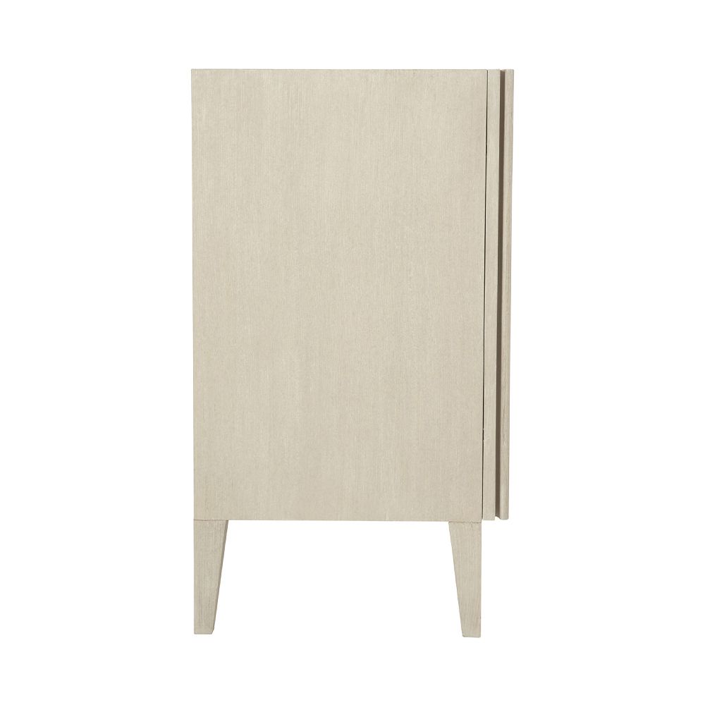 A luxurious four door entertainment unit with a natural finish, stylish shaped vertical overlays and ample internal storage 