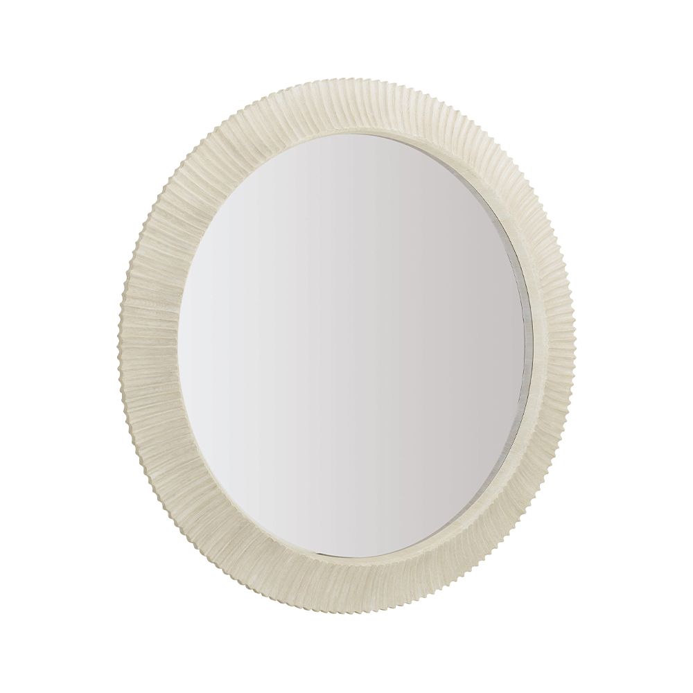 A contemporary round mirror by Bernhardt with a coastal style wooden frame 