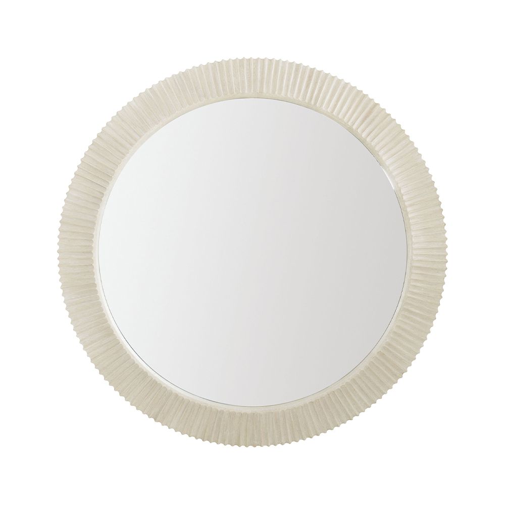 A contemporary round mirror by Bernhardt with a coastal style wooden frame 