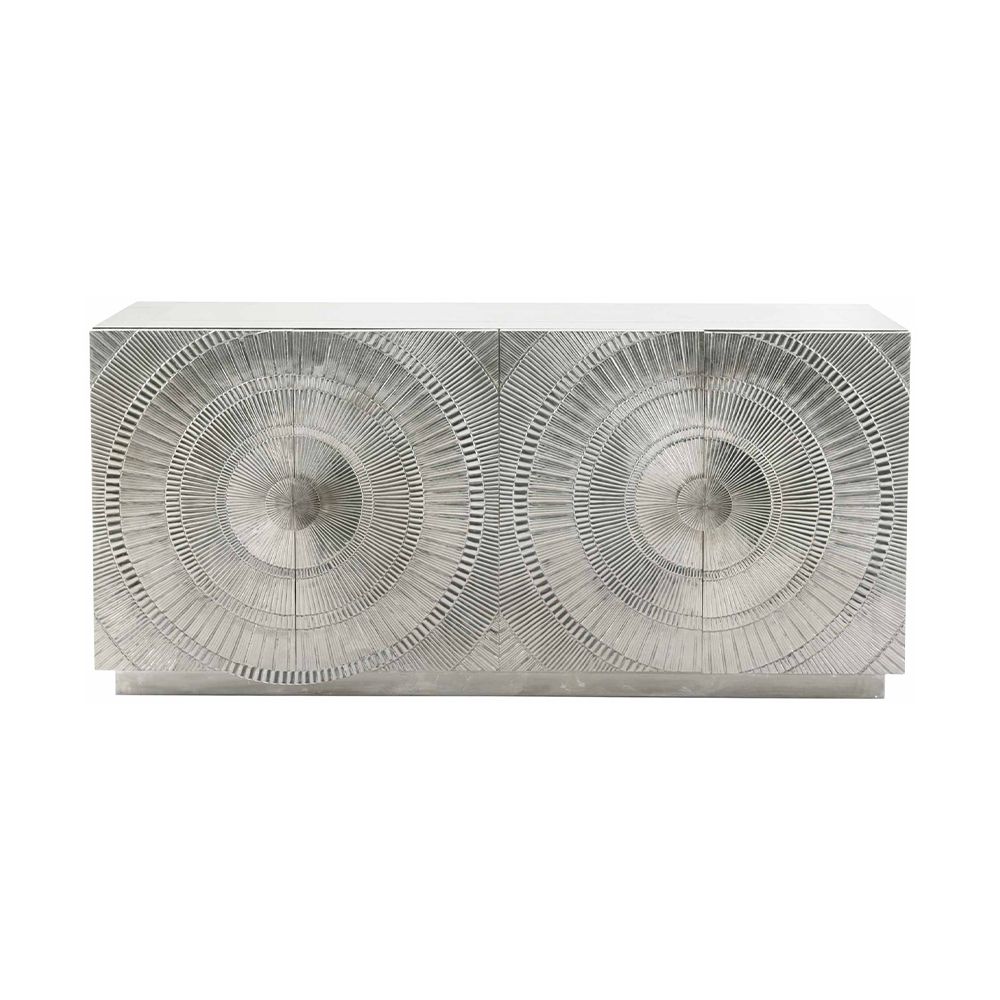 A glamorous four door silver cabinet with an embossed circular pattern and internal shelving 