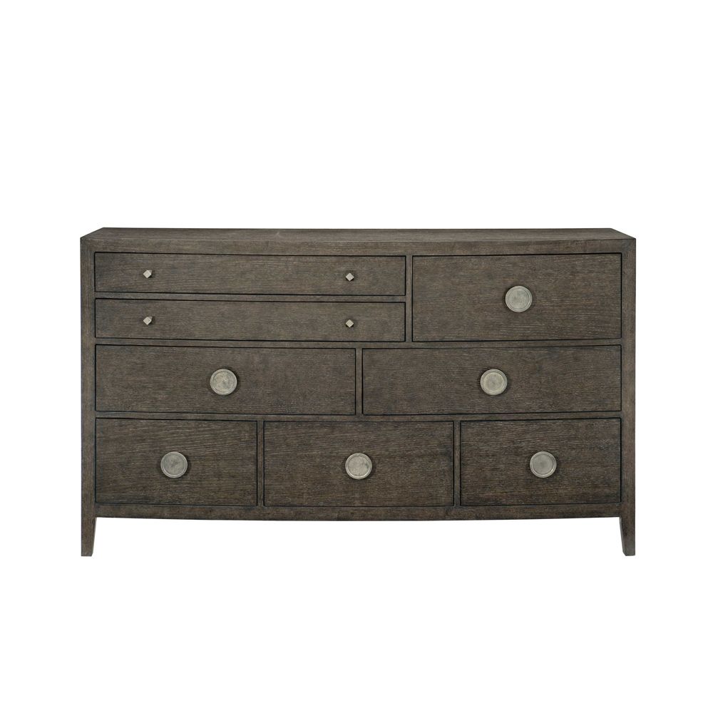 A rich, charcoal 8-drawer dresser with tarnished nickel hardware