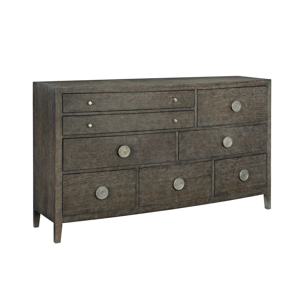 A rich, charcoal 8-drawer dresser with tarnished nickel hardware
