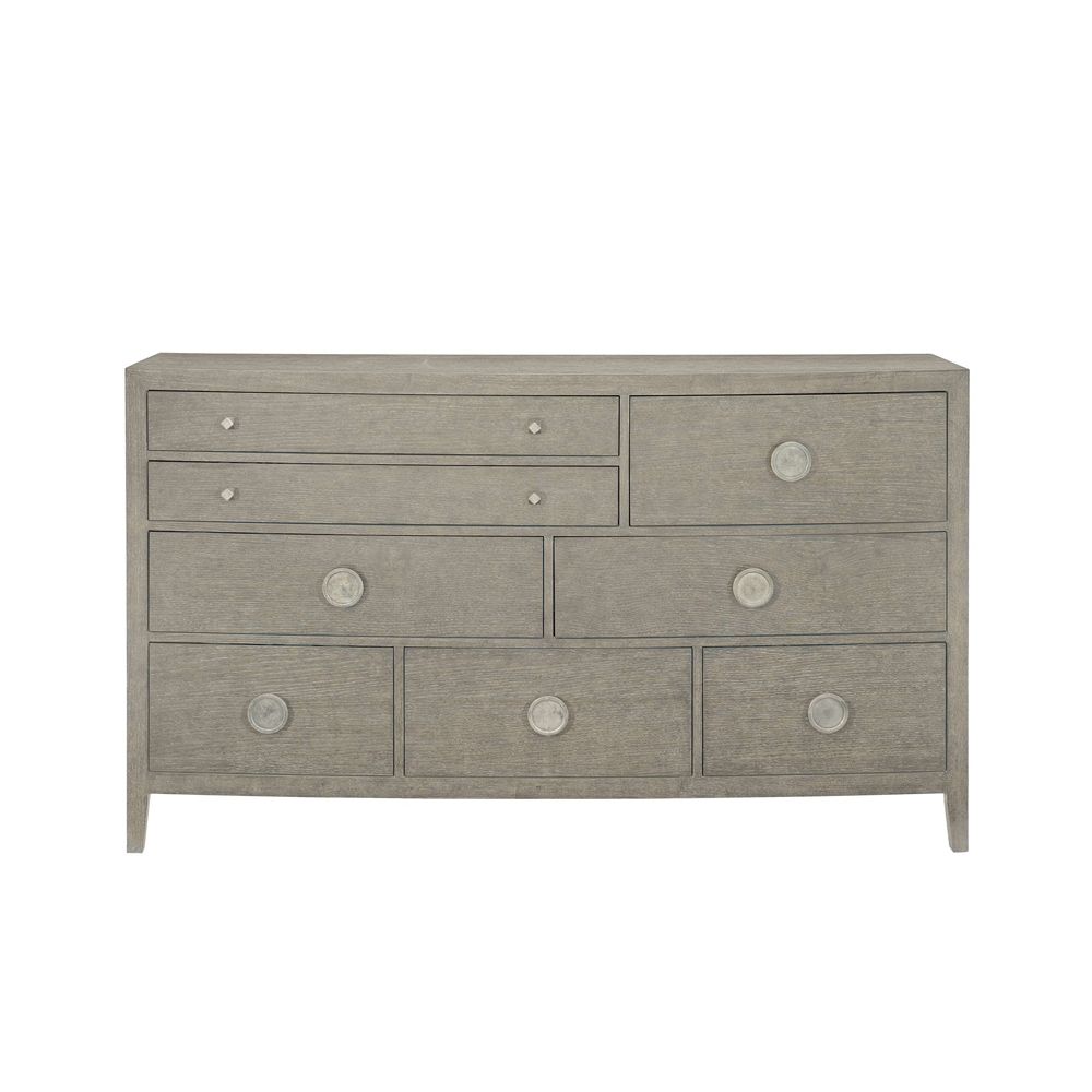 A stylish 8-drawer dresser with tarnished nickel hardware