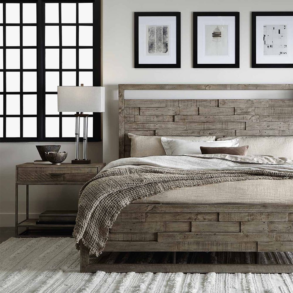 A wooden one-drawer bedside table featuring a steel base with a glazed silver finish and a bottom wooden shelf