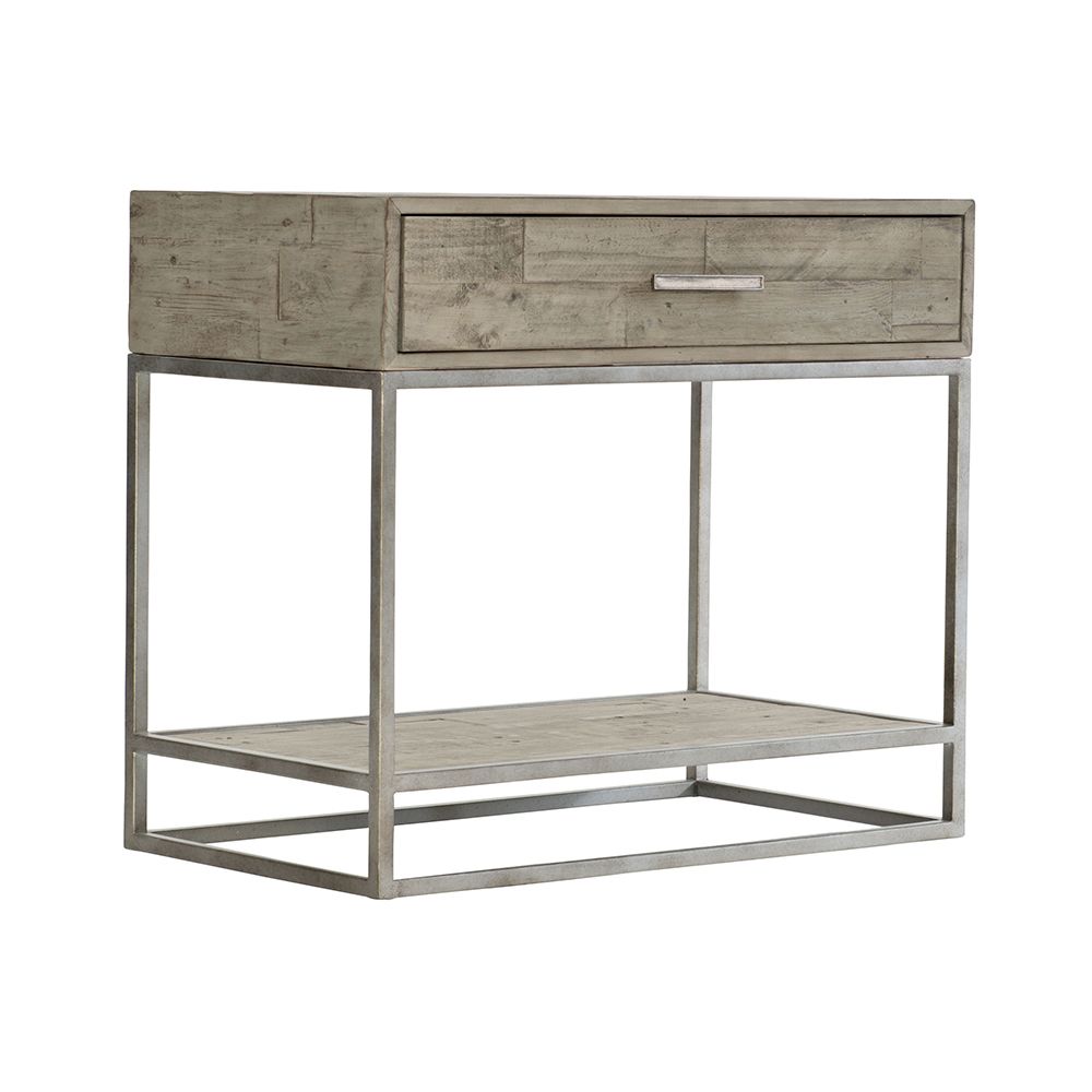 A wooden one-drawer bedside table featuring a steel base with a glazed silver finish and a bottom wooden shelf