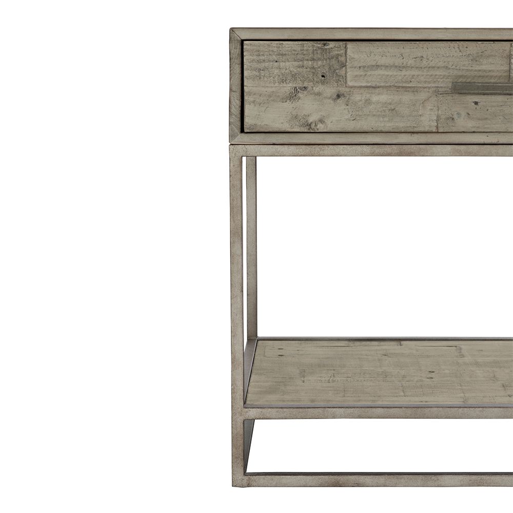 A wooden one-drawer bedside table featuring a steel base with a glazed silver finish and a bottom wooden shelf