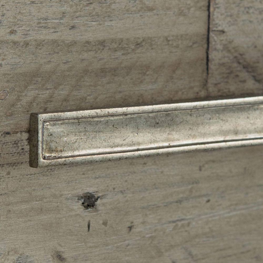 A wooden one-drawer bedside table featuring a steel base with a glazed silver finish and a bottom wooden shelf