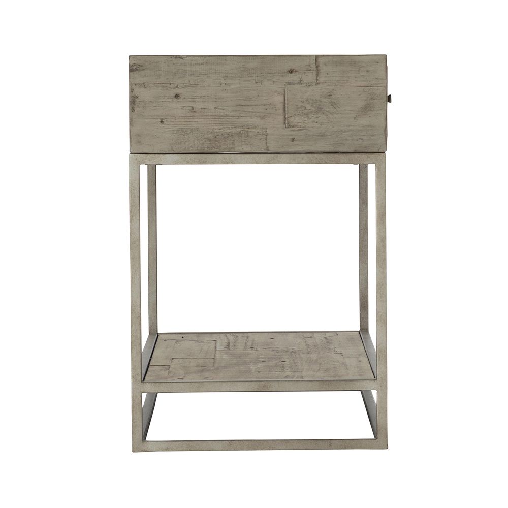A wooden one-drawer bedside table featuring a steel base with a glazed silver finish and a bottom wooden shelf