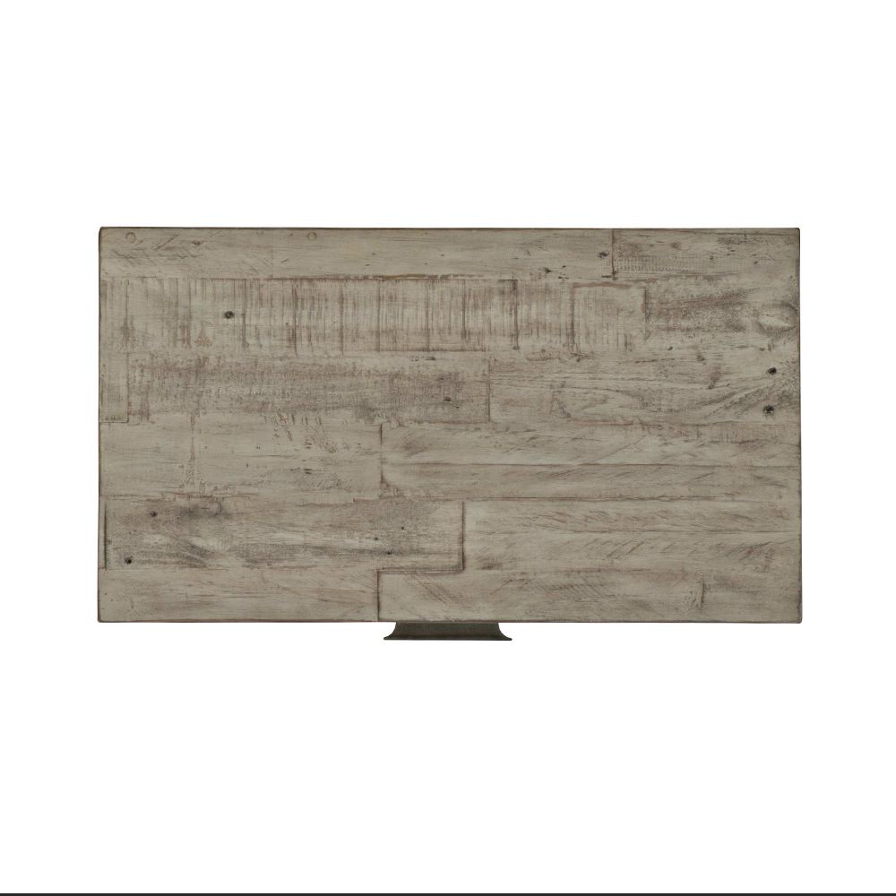 A wooden one-drawer bedside table featuring a steel base with a glazed silver finish and a bottom wooden shelf