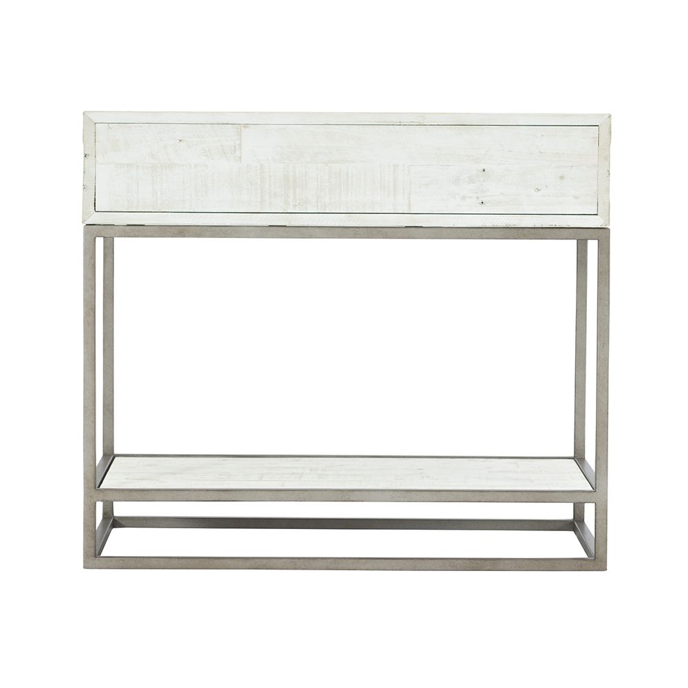 A contemporary, rustic one-drawer bedside table finished in a white wood with a glazed silver finish and featuring a planked bottom shelf