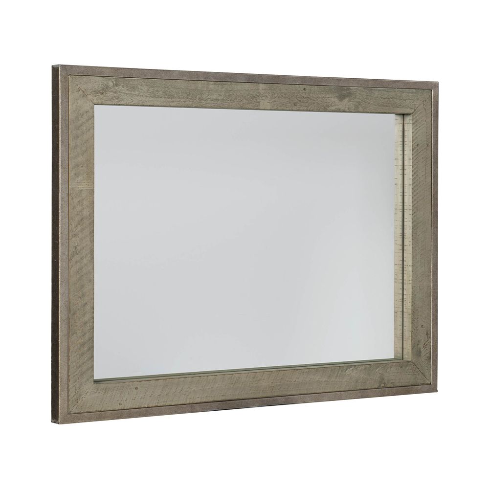 A lovely greige rectangular mirror with a wooden inner frame and metal outer frame