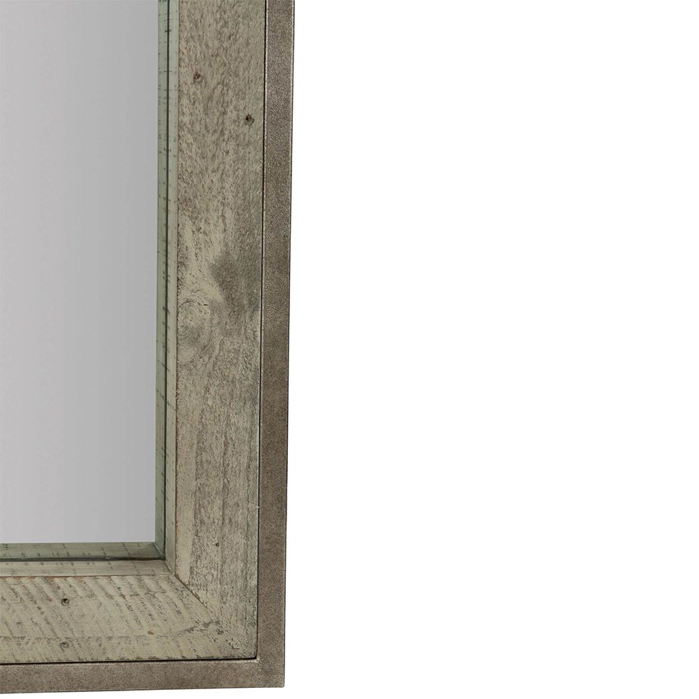 A lovely greige rectangular mirror with a wooden inner frame and metal outer frame