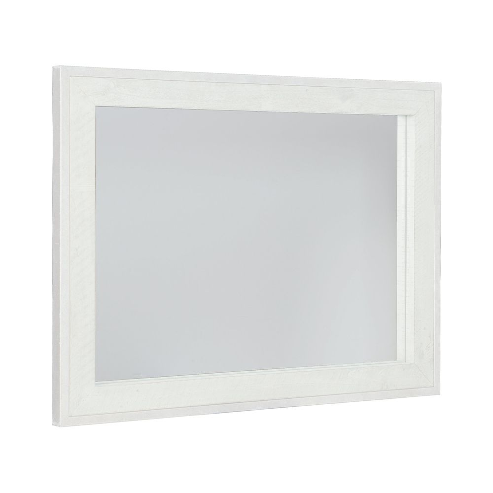 A lovely rectangular mirror by Bernhardt with a silver metal outer frame and a white wooden inner frame 