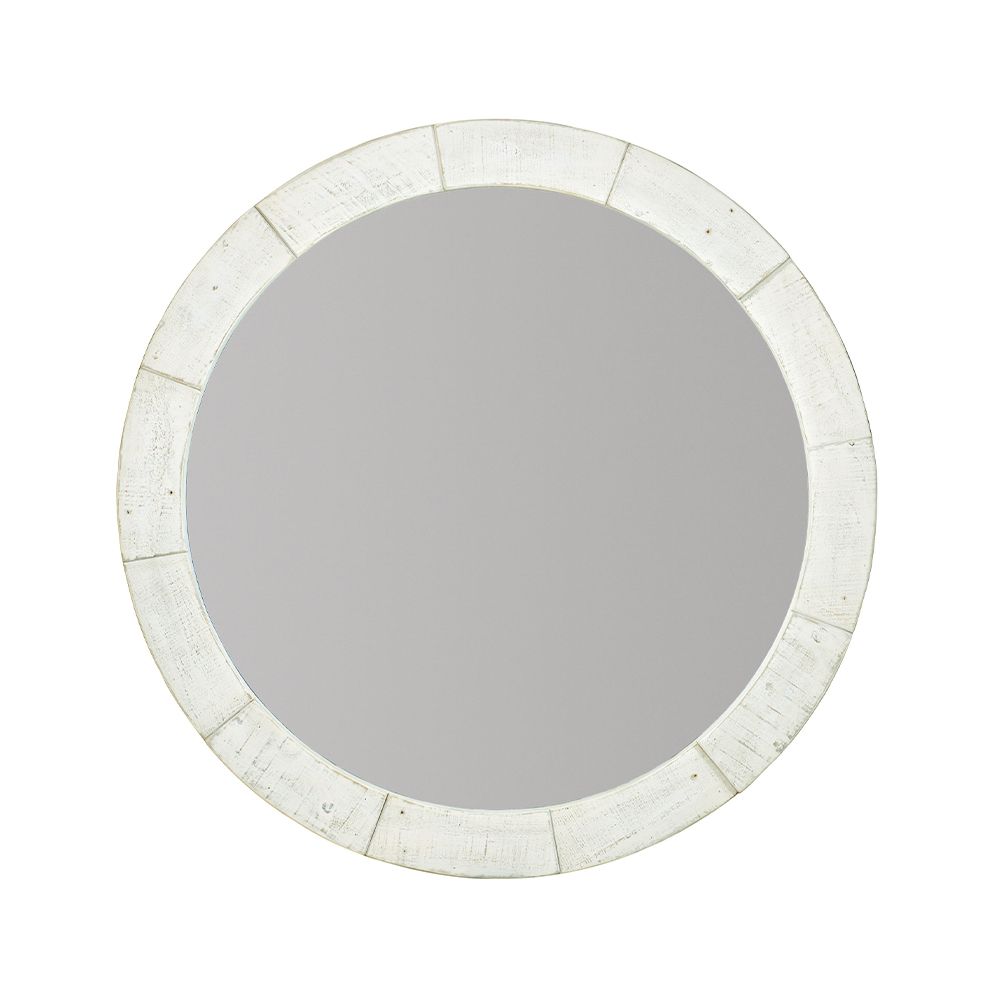 A contemporary mirror by Bernhardt with a white, planked wooden frame and distressed finish