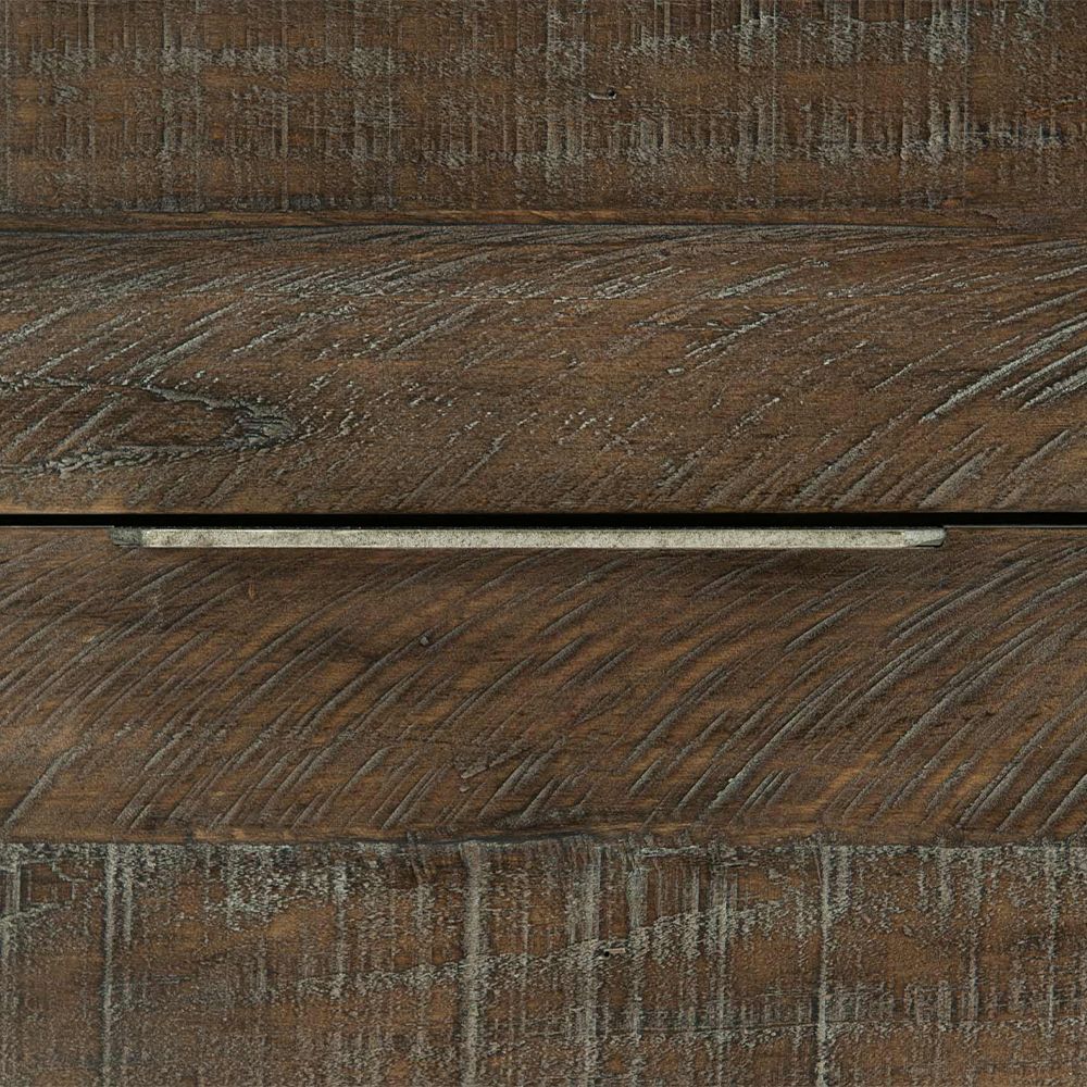 A contemporary six drawer dresser with a brown aged wood finish, steel tab pulls and grey feet