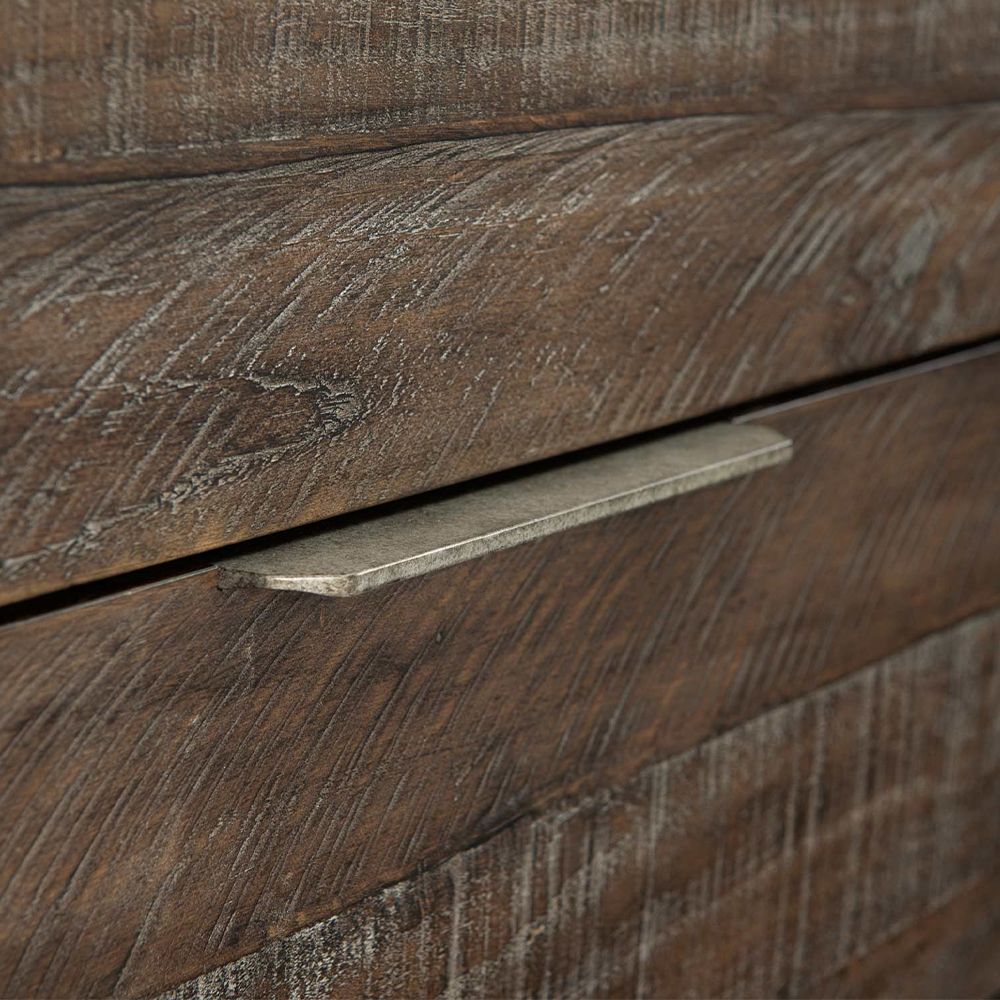 A contemporary six drawer dresser with a brown aged wood finish, steel tab pulls and grey feet