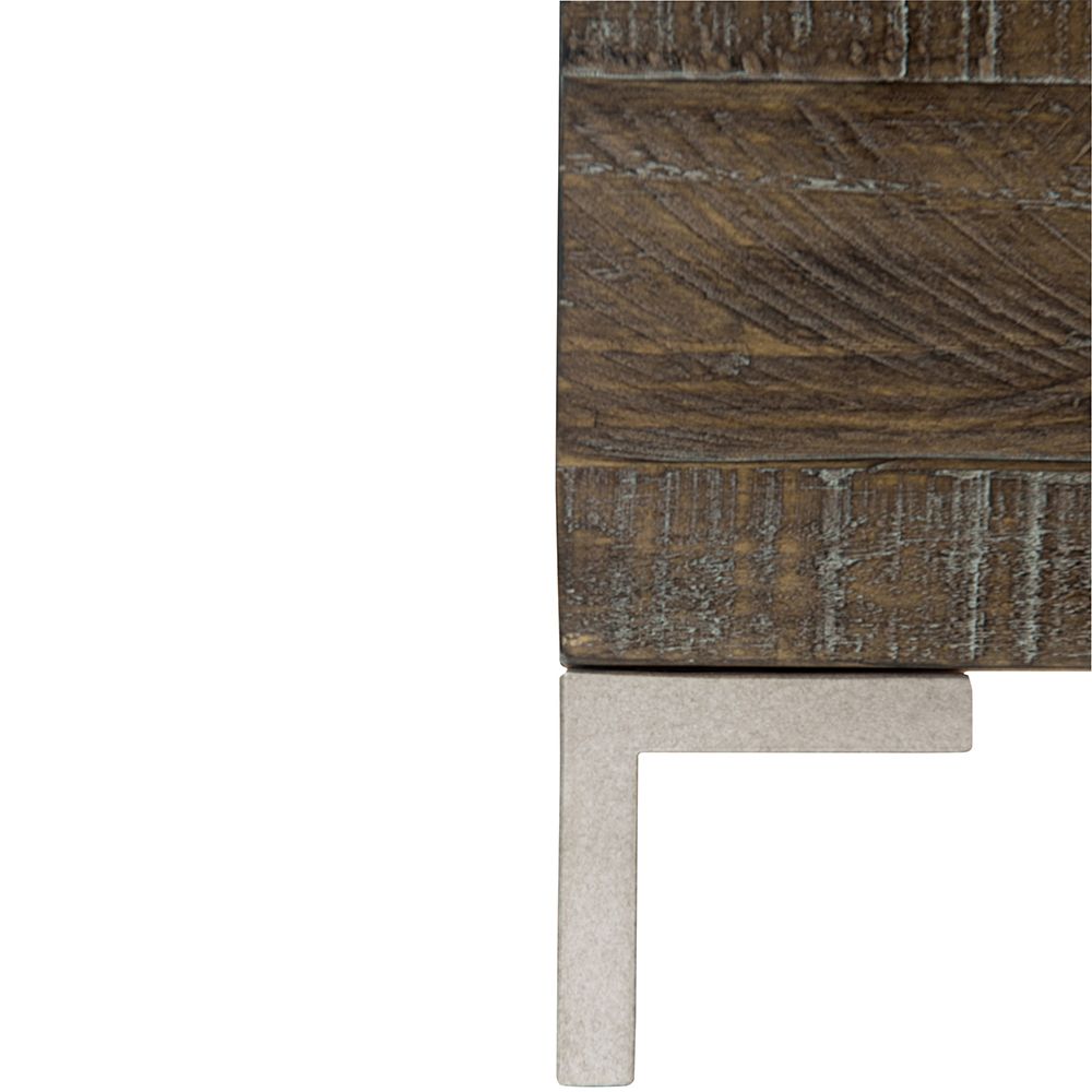 A contemporary six drawer dresser with a brown aged wood finish, steel tab pulls and grey feet