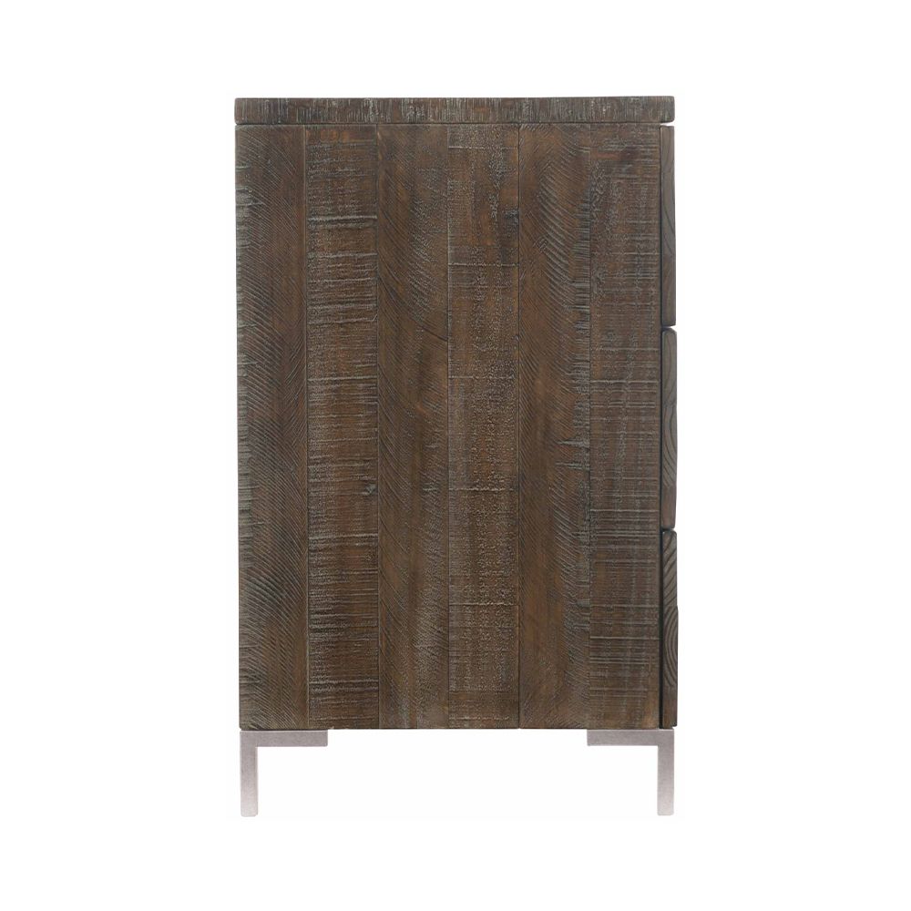 A contemporary six drawer dresser with a brown aged wood finish, steel tab pulls and grey feet