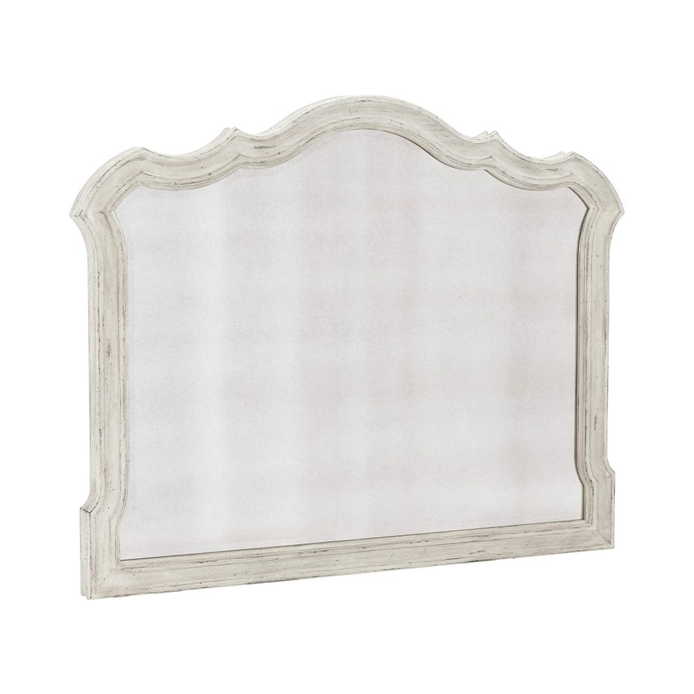 A beautiful antique mirror from Bernhardt with a bevelled mirrored edge and classic white frame 
