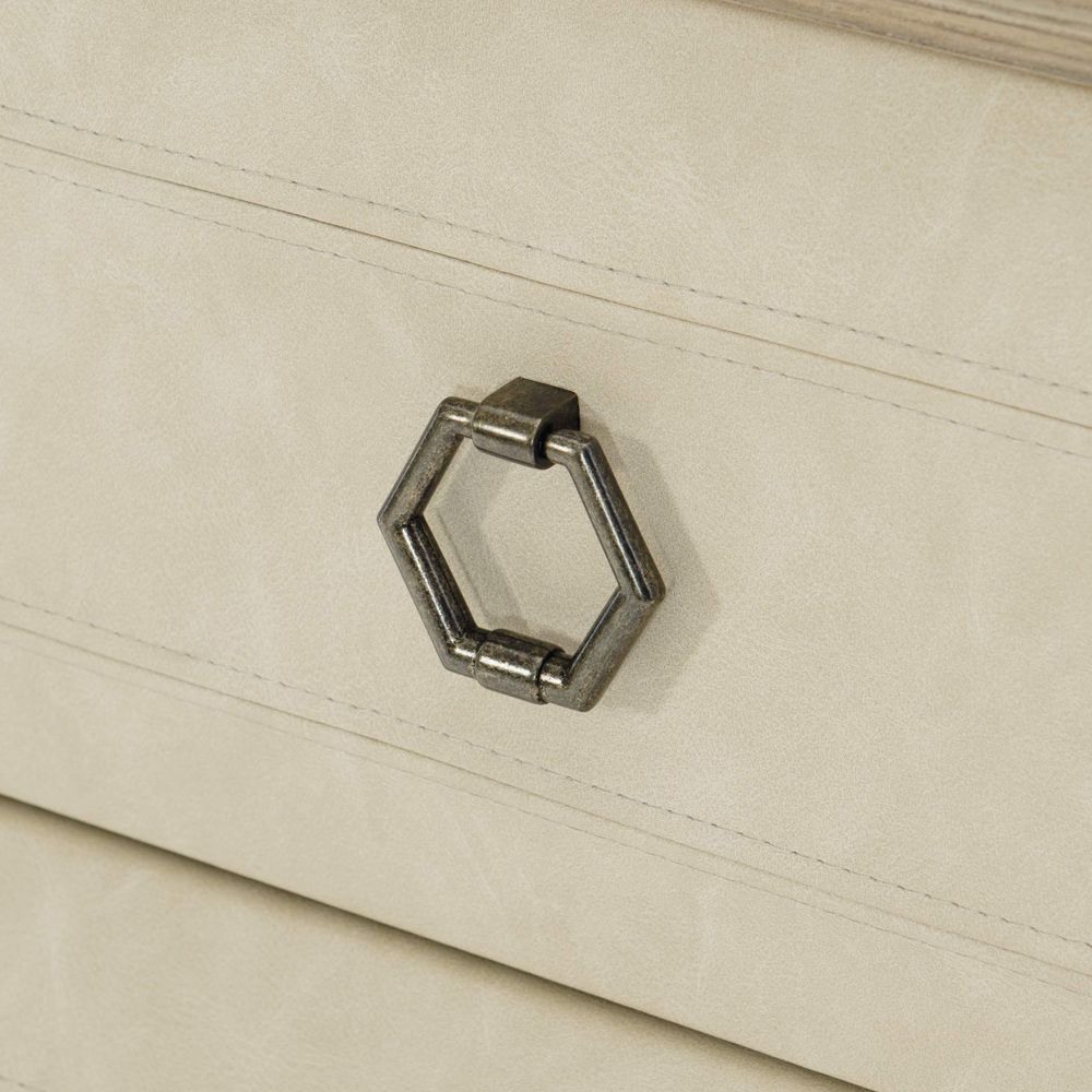 A stylish natural bedside table with drawers upholstered in performance fabric