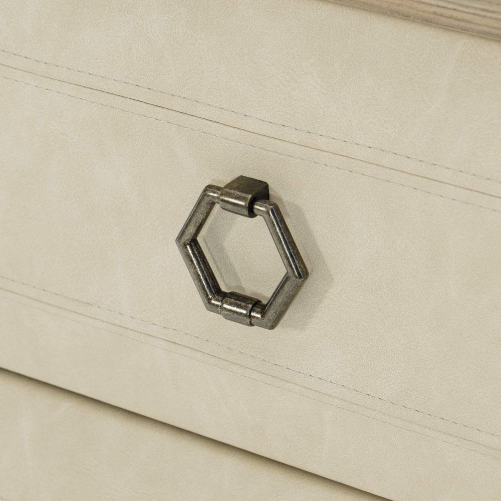 A stylish natural wood bedside table with performance fabric and tarnished nickel handles 