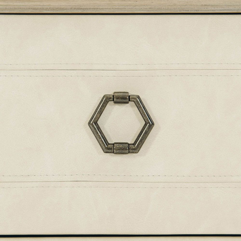 A stylish natural wood bedside table with performance fabric and tarnished nickel handles 