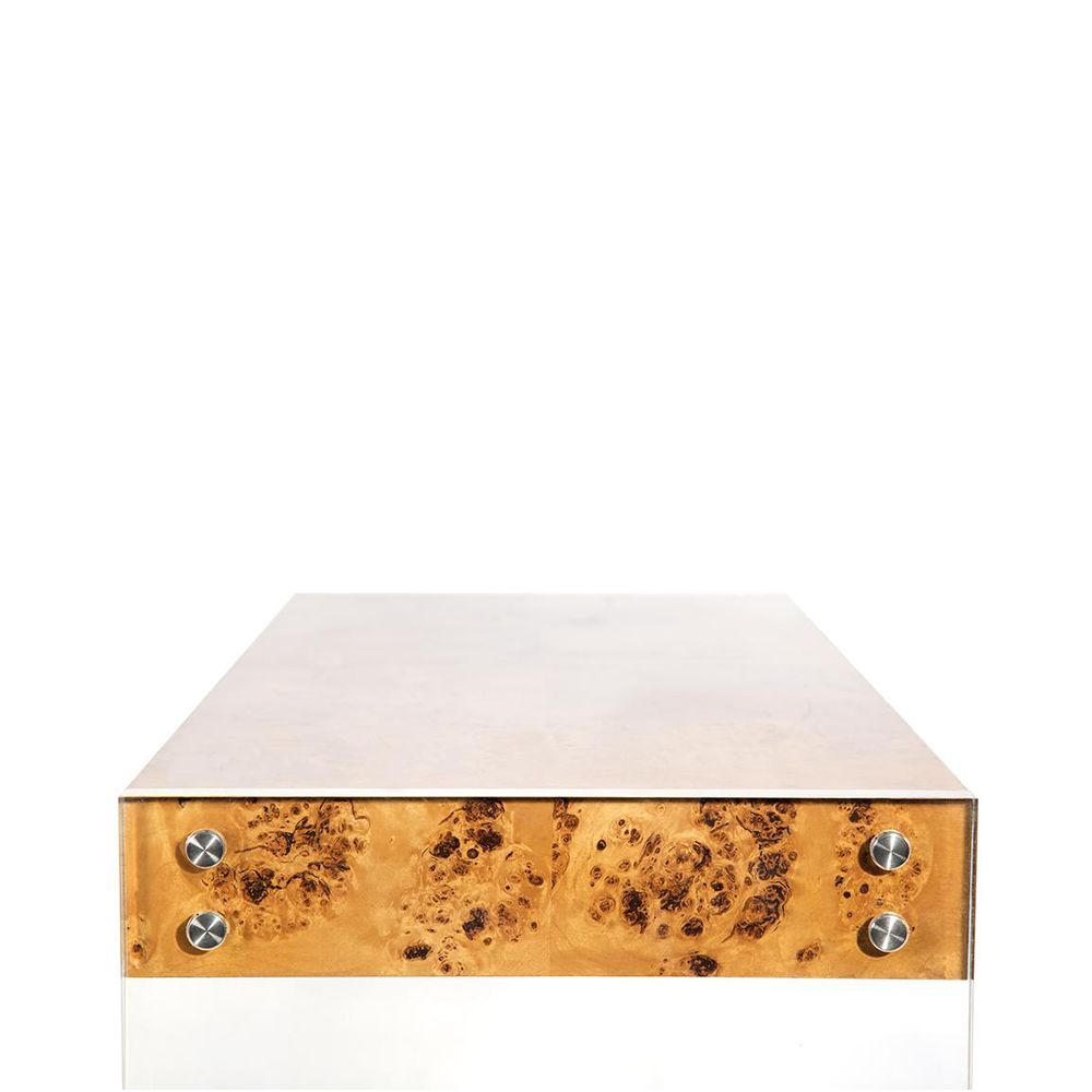 A contemporary mappa wood and clear acrylic desk with stainless steel accents 