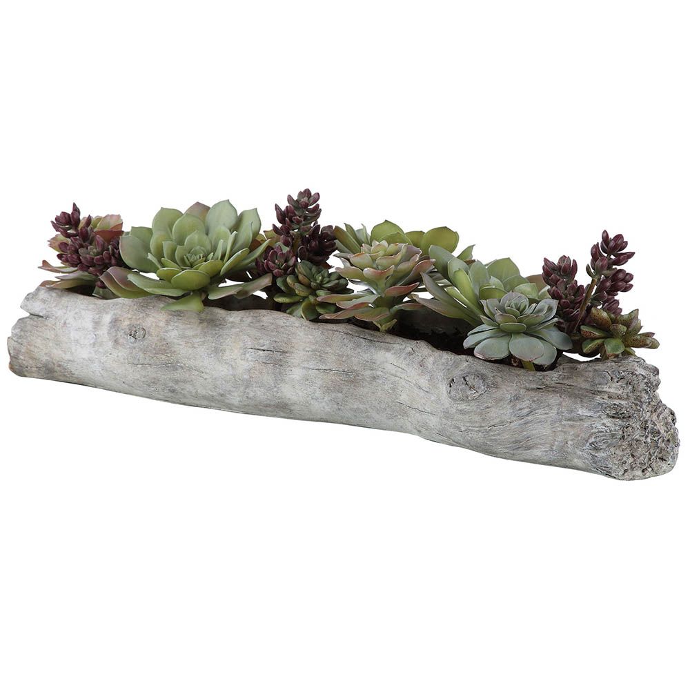 Artificial succulents on grey wooden plinth