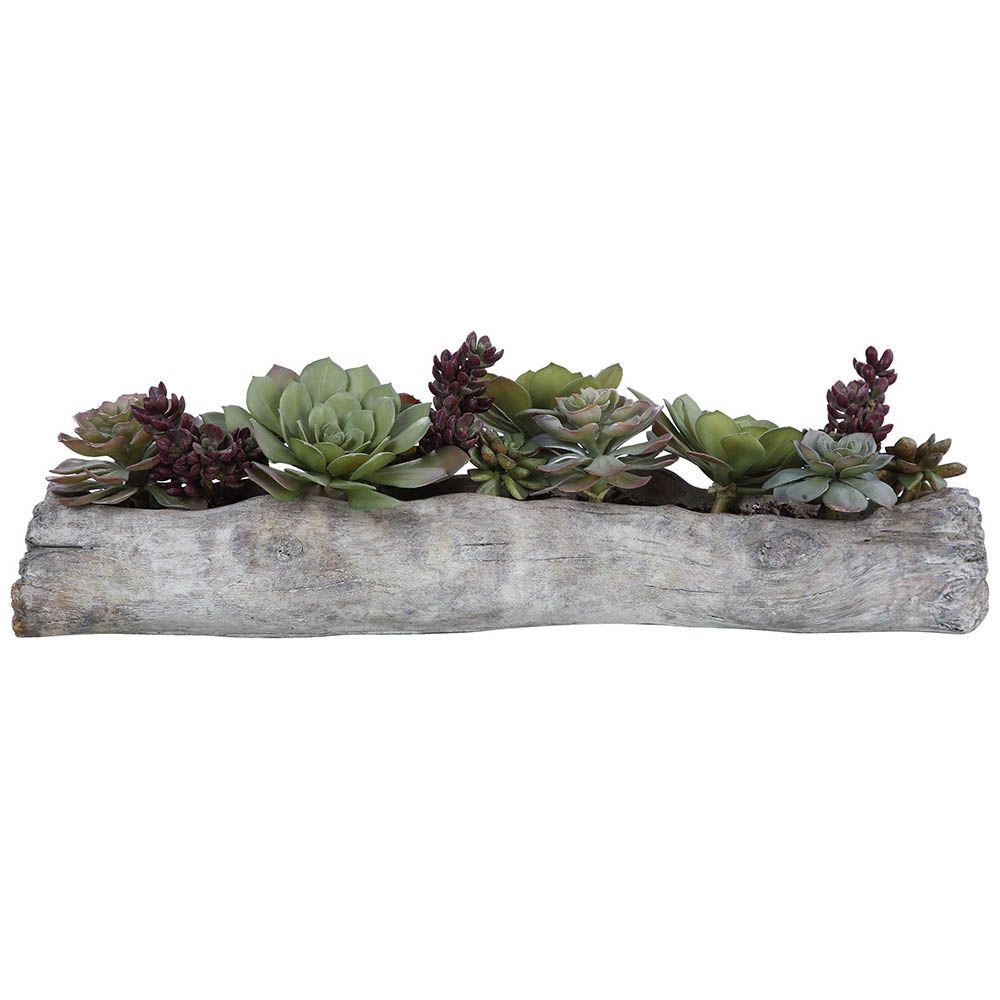 Artificial succulents on grey wooden plinth