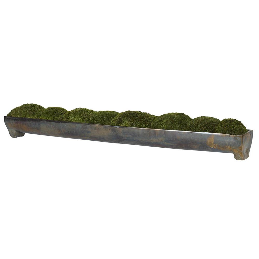 artificial moss display in long, distressed container