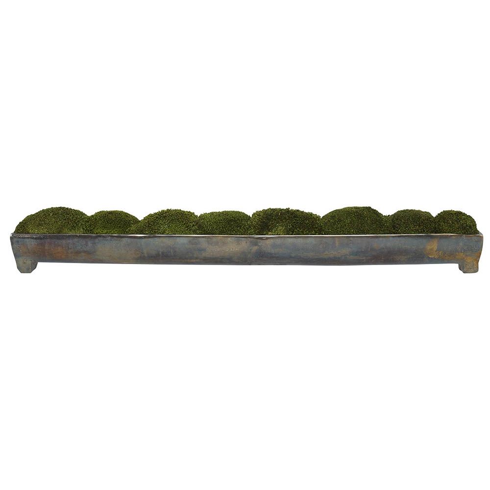 artificial moss display in long, distressed container
