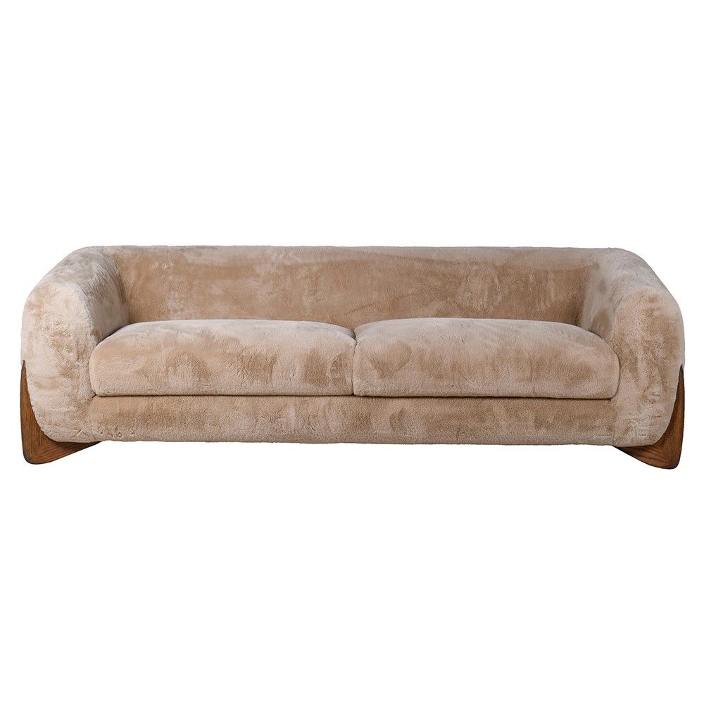Ultra cosy faux wool upholstered sofa in beige with wooden feet