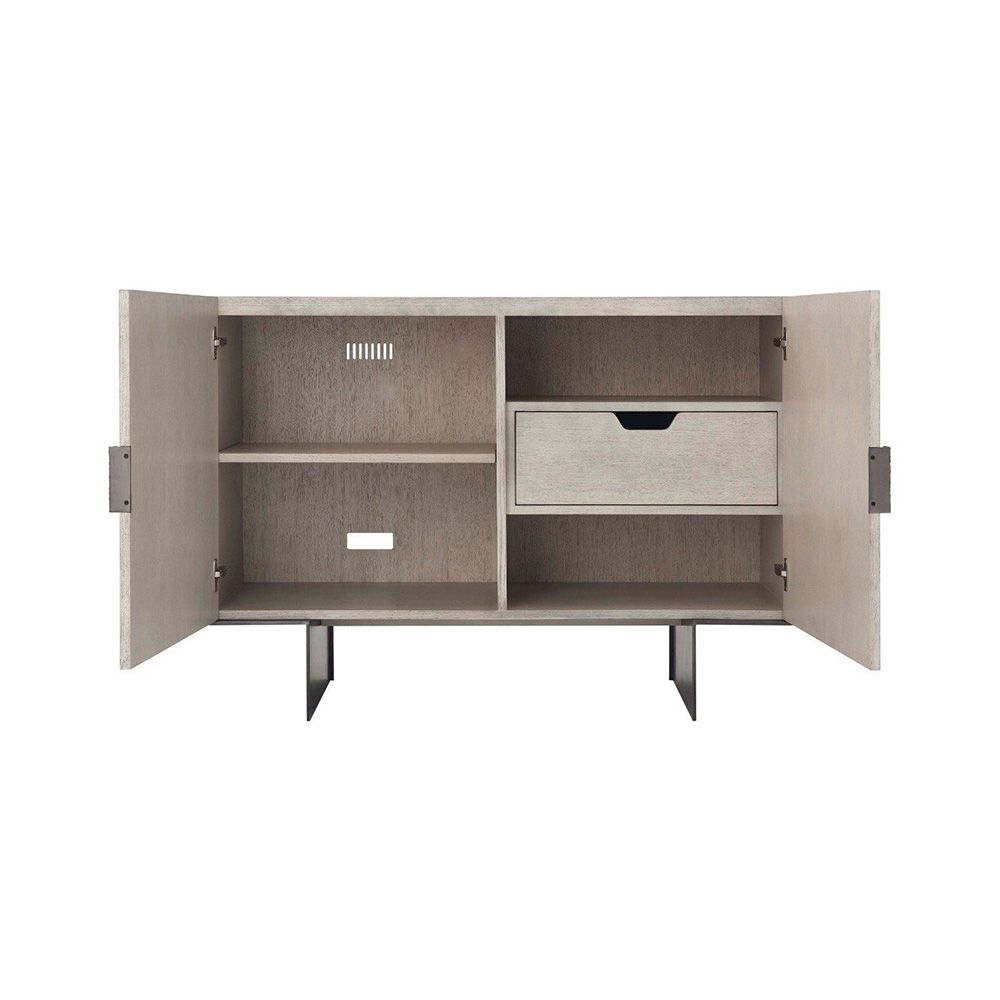 Stylish cabinet in white washed finish with hammered bronze handles