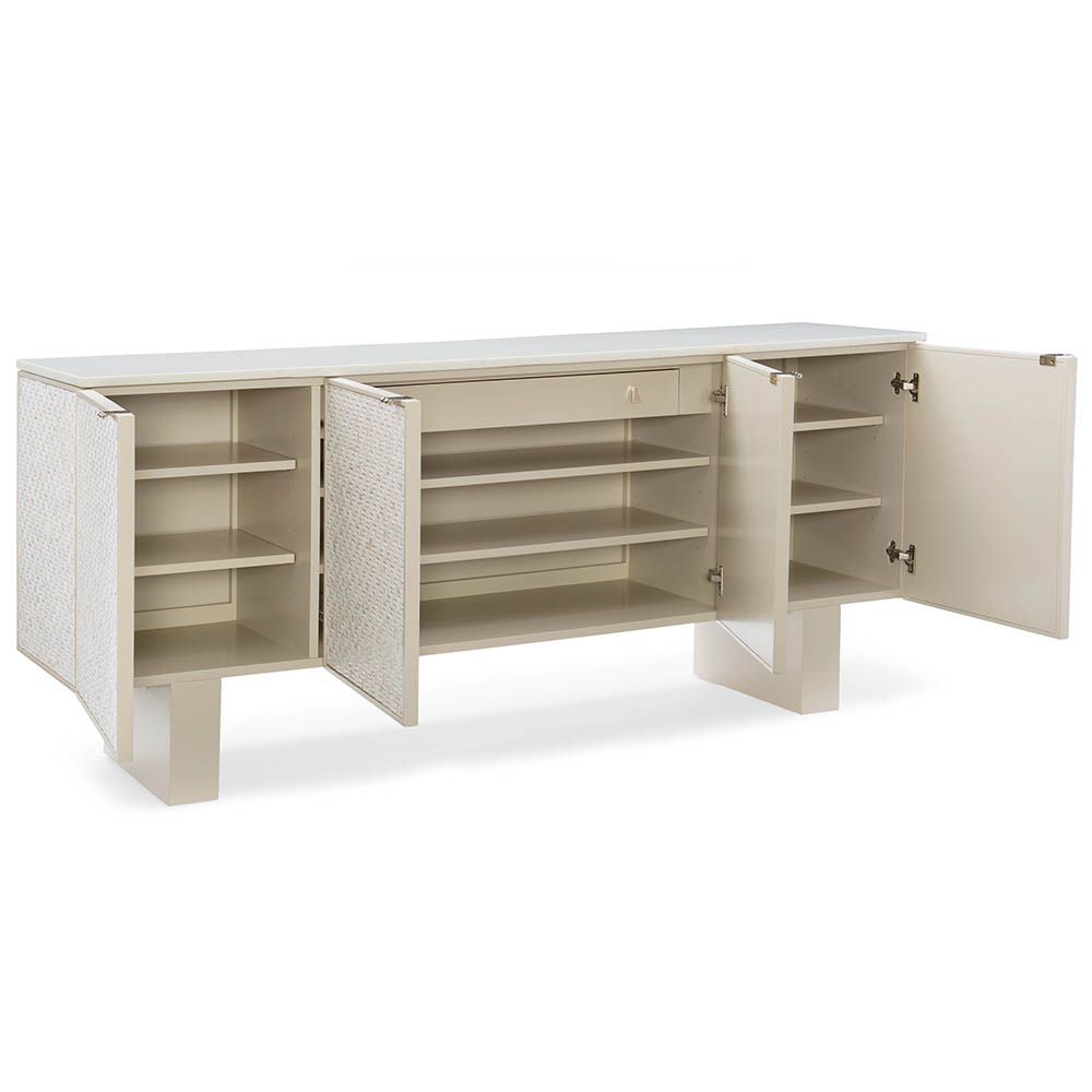 Glamorous sideboard wrapped in a pearlescent shell, presented in a basketweave pattern