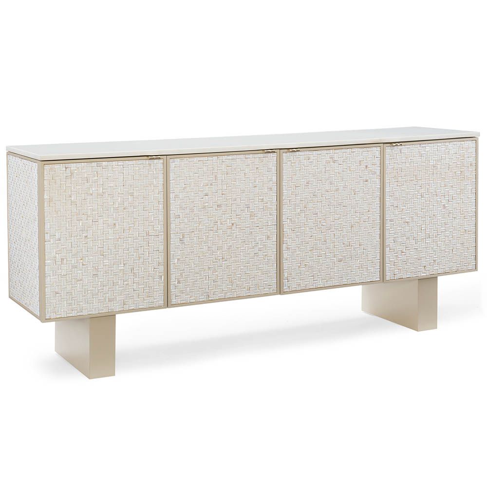 Glamorous sideboard wrapped in a pearlescent shell, presented in a basketweave pattern