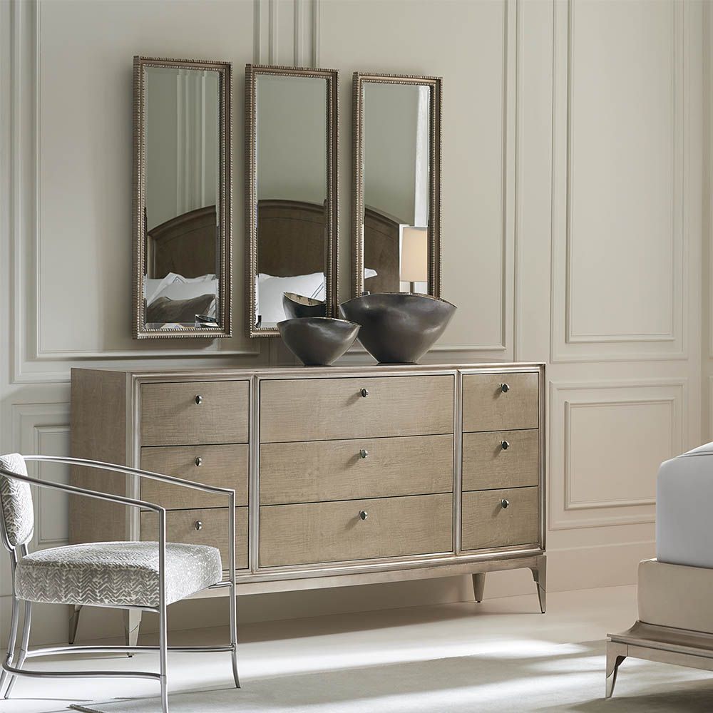 Nine-draw natural dresser with chrome metal ferrules