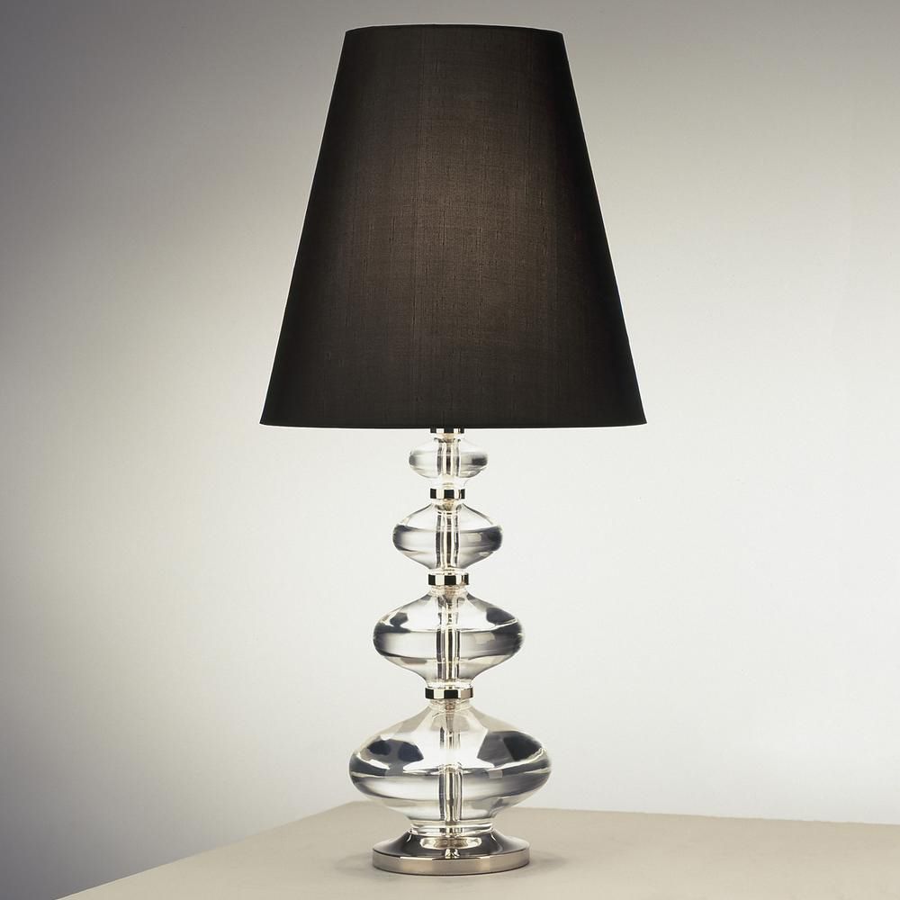 Glamorous Jonathan Adler crystal glass table lamp with polished nickel accents and a black silk lampshade