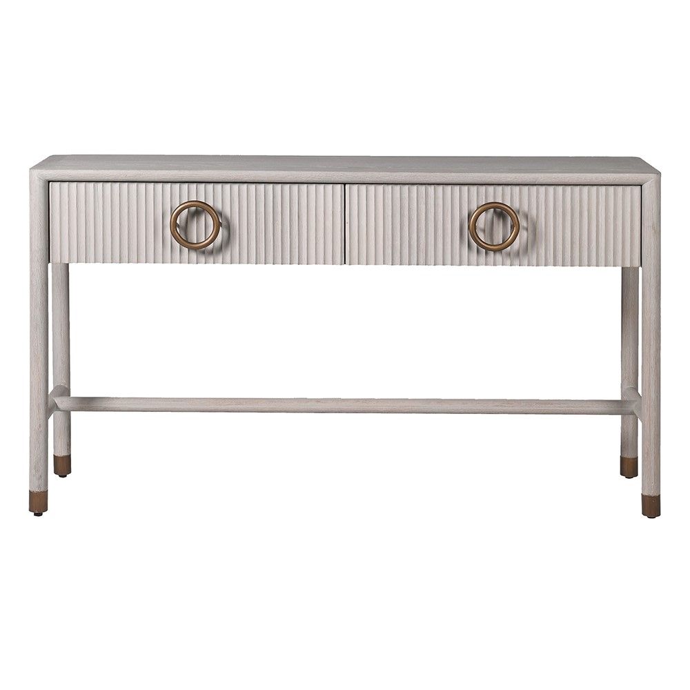 White washed wood console table with brass finish handles