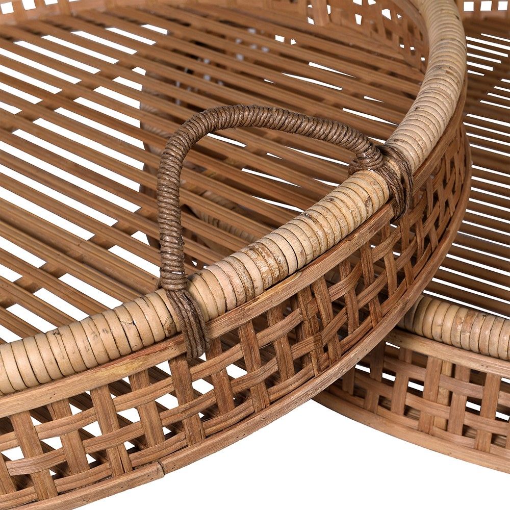 Set of 2 circular brown rattan trays