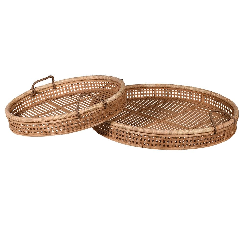 Set of 2 circular brown rattan trays