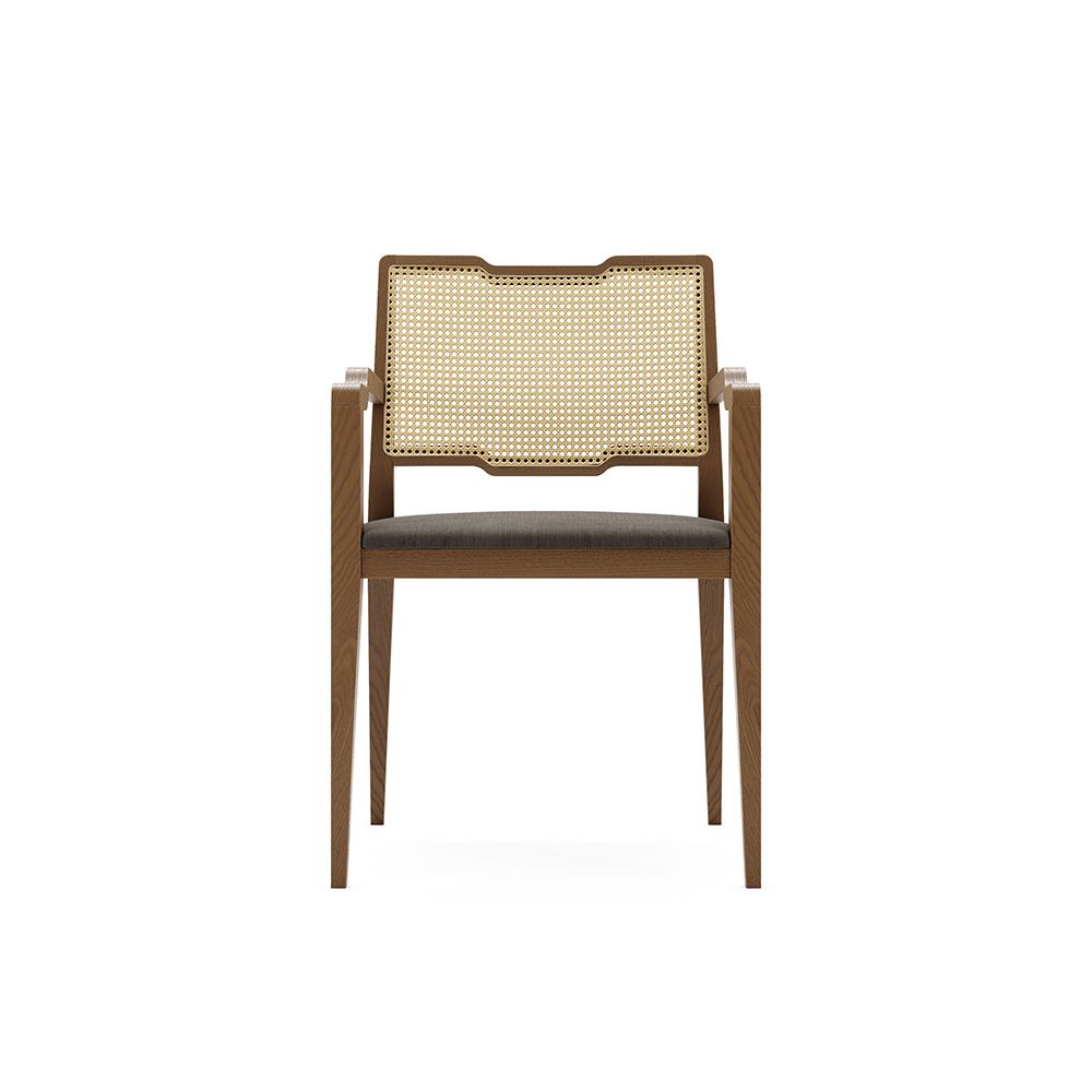 Traditional wooden dining chair with arms, woven detailing and velvet seat