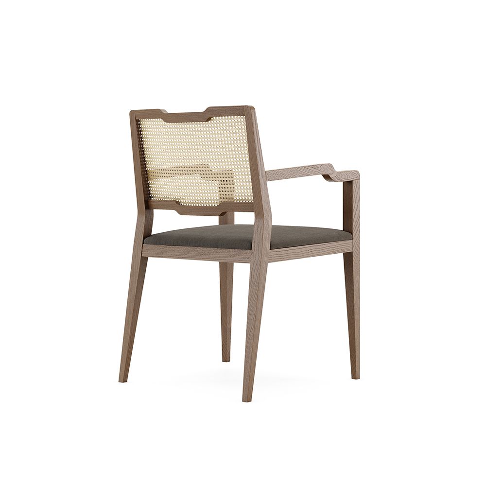 Traditional wooden dining chair with arms, woven detailing and velvet seat