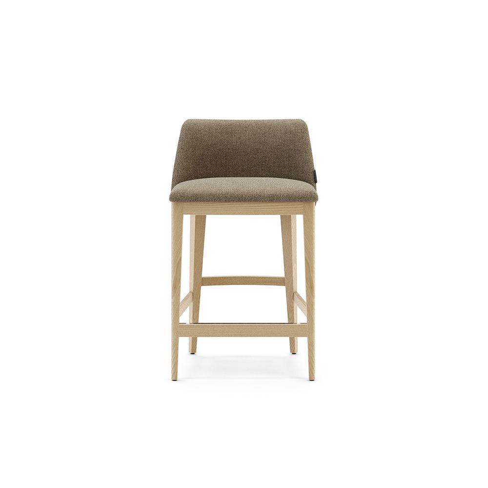 A sophisticated modern counter stool with a weave upholstery and wooden legs 
