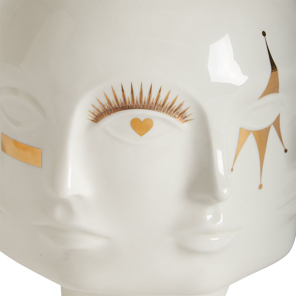 A glamorous glossy porcelain vase by Jonathan Adler with gorgeous gold symbols