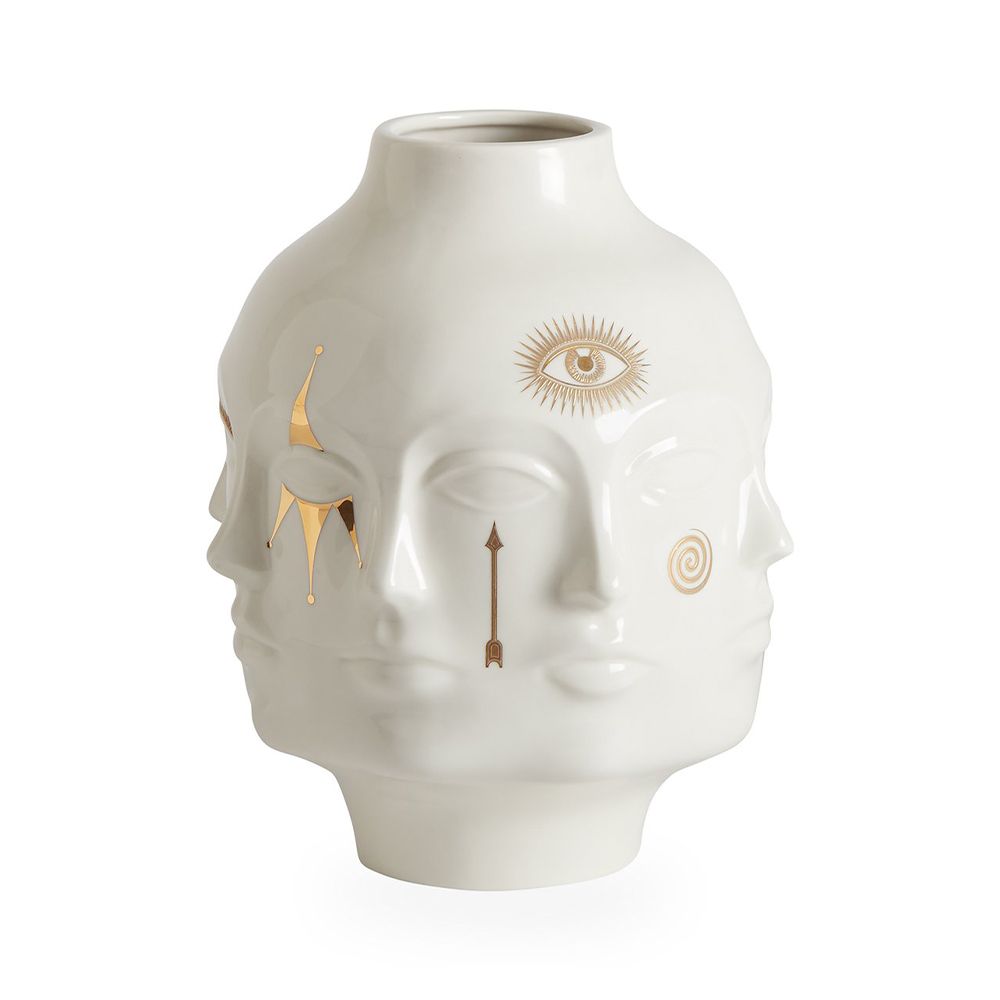 A glamorous glossy porcelain vase by Jonathan Adler with gorgeous gold symbols