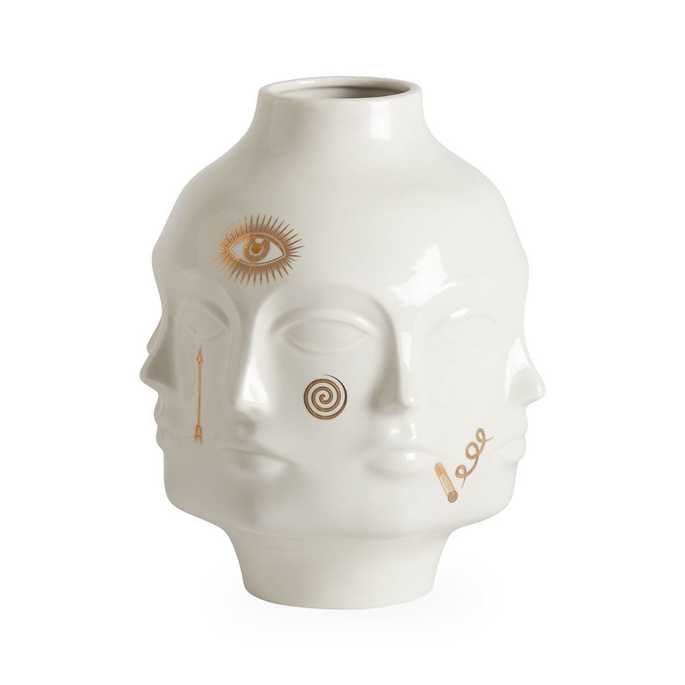 A glamorous glossy porcelain vase by Jonathan Adler with gorgeous gold symbols