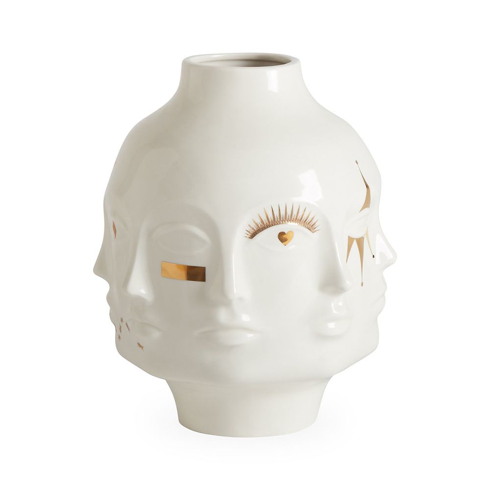 A glamorous glossy porcelain vase by Jonathan Adler with gorgeous gold symbols